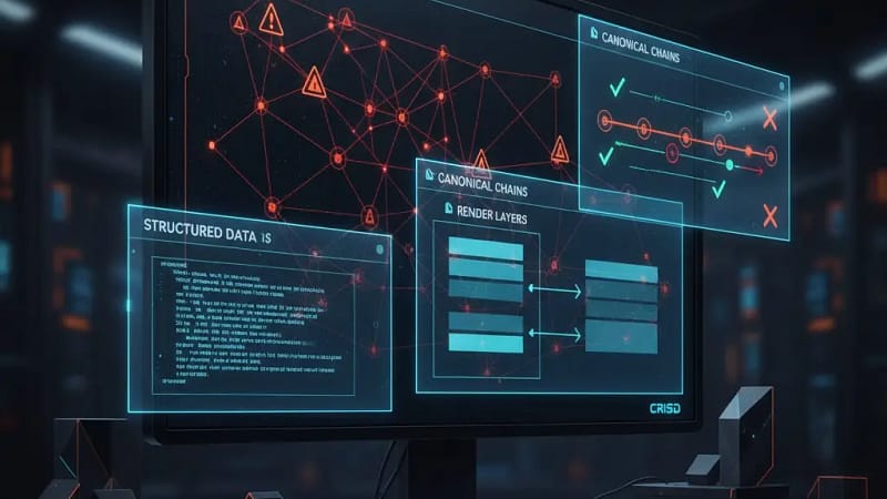Technical SEO implementation mistakes across crawl, render, index, and signal layers visualized in a CRISD framework dashboard